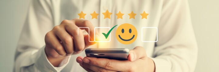A person giving a positive review on a mobile device.