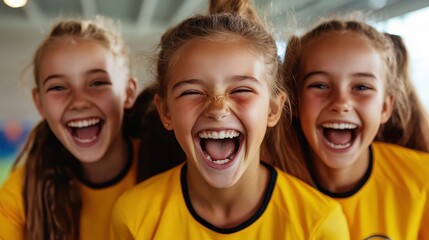 Fototapeta premium Three cheerful young girls wearing bright yellow jerseys laughing joyfully together, displaying themes of friendship, happiness, and youthful spirit in a vibrant indoor environment.