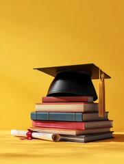 Graduation hat with diploma and books on dark table against white background, yellow background
