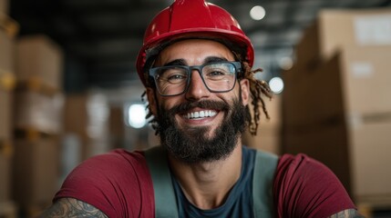 A cheerful man wearing a hard hat and glasses poses in a warehouse, representing a positive work environment and the dedicated labor of individuals in industry.