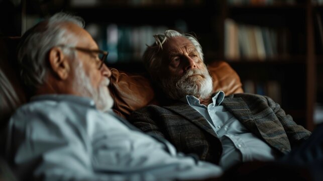 Two elderly men share a quiet moment while sitting together, reminiscing and enjoying each other's company, capturing the essence of companionship and cherished memories.