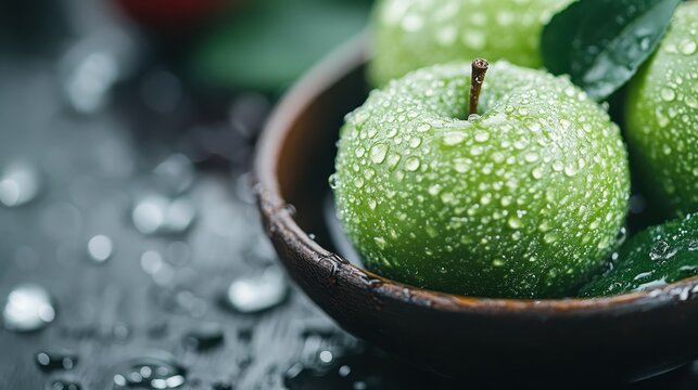 An enticing close-up view of fresh green apples glistening with water droplets, evoking freshness, health, and natural beauty in a dark wooden bowl, surrounded by lush leaves.