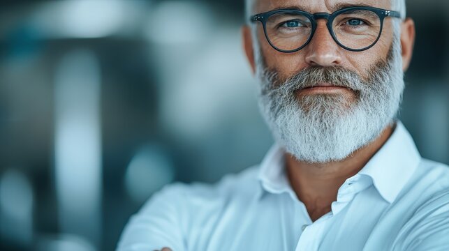 An older gentleman with glasses and a beard stands confidently with arms crossed, symbolizing wisdom, experience, and leadership in a professional setting.