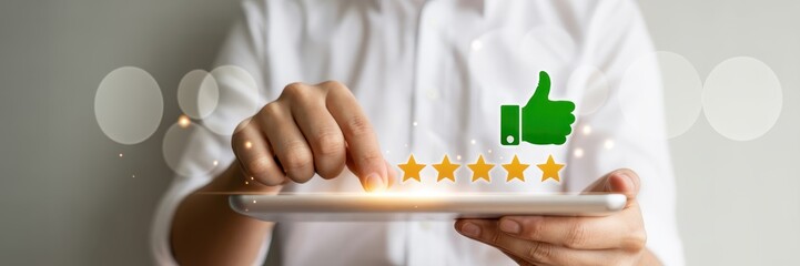Person giving a positive review on a digital device.