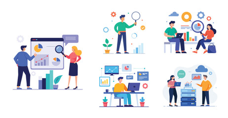 Fototapeta premium business team analytics and monitoring report concept and flat vector illustration design data analytics research for business finance