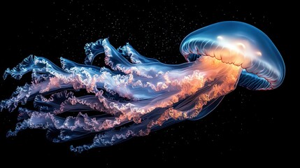 Bioluminescent jellyfish floats in dark space
