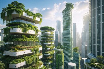Obraz premium Sustainable Vegetated High-Rise Architecture in Futuristic City Design