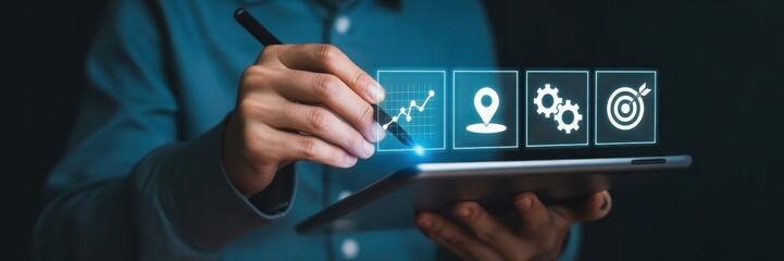 Person using a tablet with digital icons for growth, location, and goals.