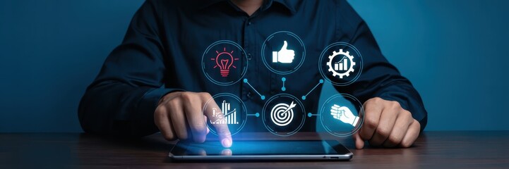 Person interacting with a digital tablet displaying business icons.