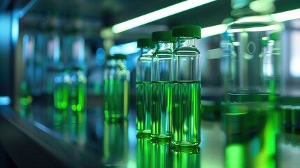 Futuristic green lab vials glowing under innovative lab light, showcasing advanced medical research and transparent materials