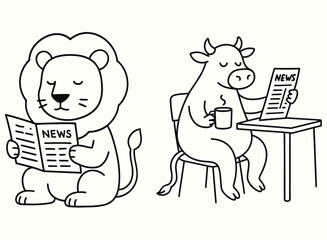  Cute Animals Reading the News Cozy Lion and Cow Line Art Illustration
