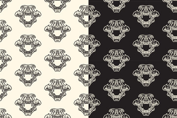 Tiger head skull front view line art engraving seamless pattern on black white background. Saber predator skull bone hatching doodle pattern background for wildlife packaging and merchandise