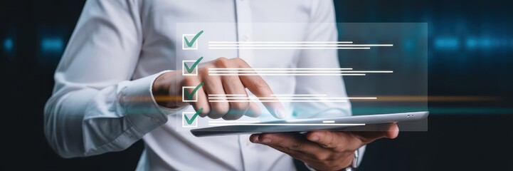 Person using a tablet to check items off a list.