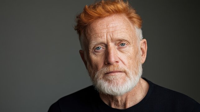 A portrait of an older man with striking red hair and beard, conveying wisdom and experience through his thoughtful gaze against a muted gray backdrop.