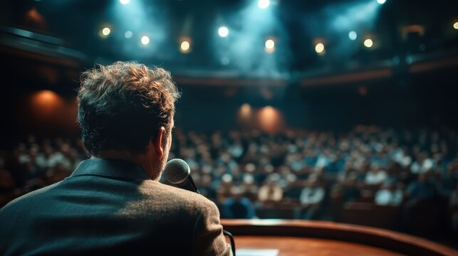 A speaker stands on stage addressing an engaged audience in a dimly lit theater, capturing the essence of public speaking and the exchange of ideas in a creative space.