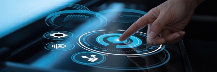 Hand interacts with a futuristic interface.