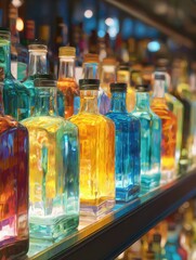 Rows of colorful bottles glowing under bright lights in liquor aisle