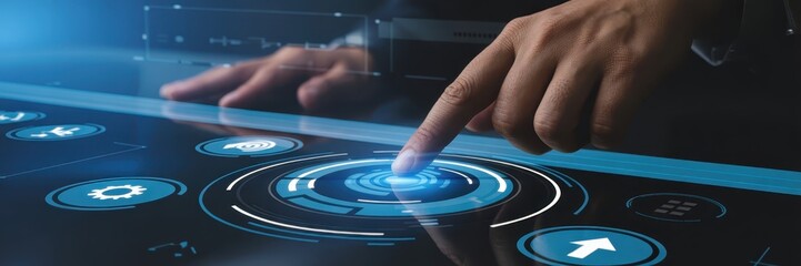 Person interacts with a futuristic touch screen interface.