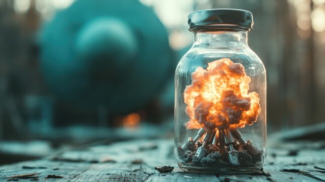 A captivating image of a glass jar containing a vivid explosion, symbolizing the containment of power and energy in a striking visual metaphor of potential and creativity.