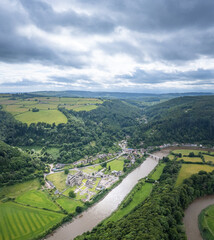 Tintern Abbey and River Wye, Chepstow South Wales. Beautiful aerial view, summer daytime