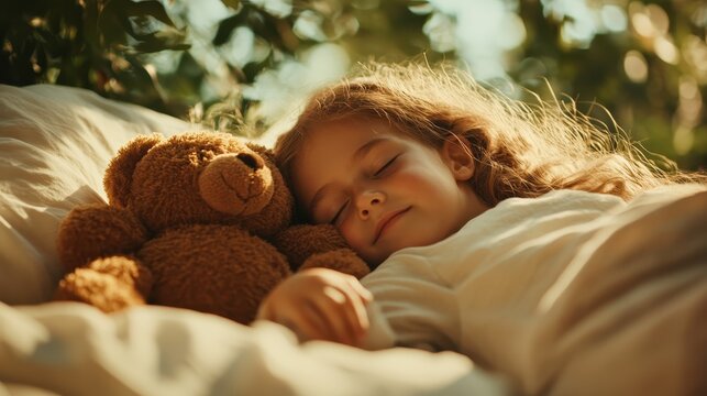 A serene scene of a young girl sleeping peacefully in bed with her beloved teddy bear, embodying innocence, comfort, and the joy of childhood moments. - Powered by Adobe