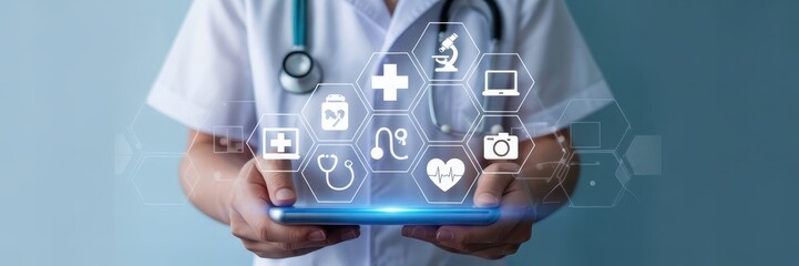 Healthcare professional displaying a digital interface with medical symbols.