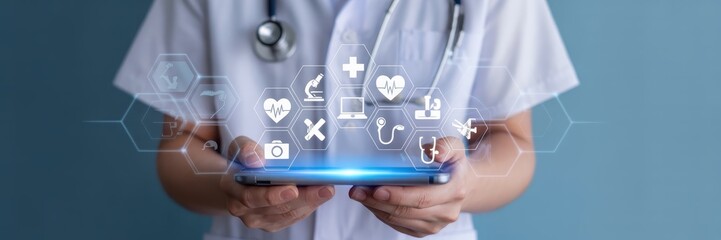 Person holding a tablet displaying medical icons.