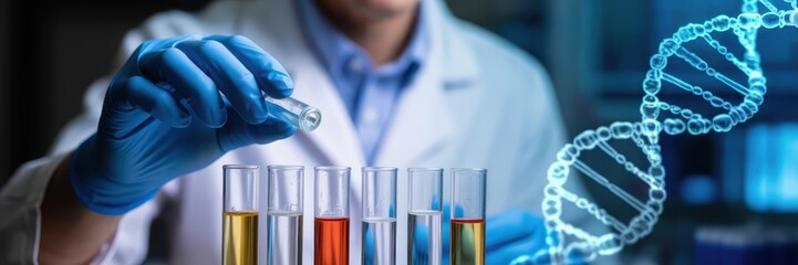 Scientist adding a sample to test tubes in a laboratory setting.