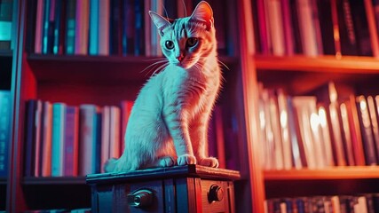 This video captures a delightful cat in a warm library setting. A perfect blend of charm and coziness. Ideal for content related to pets and home decor. Generative AI