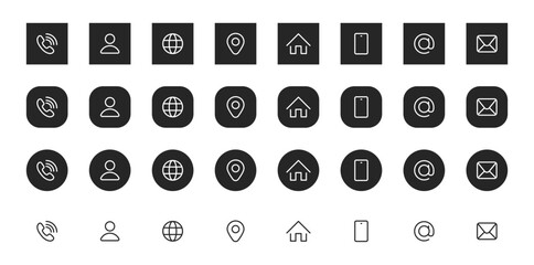 Business card icon set in line style. Contact information, Home, Phone, Location, Address, Website, mail, fax, user simple black style symbol sign for apps and website, vector illustration.