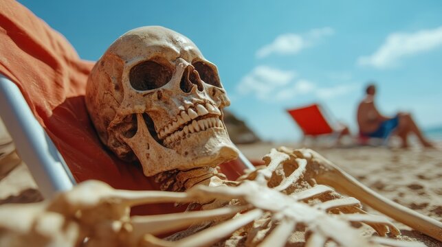 A beach scene featuring a skeleton lounging on a chair under the sun, creating a humorous and ironic twist on relaxation, inviting viewers to ponder life and leisure.