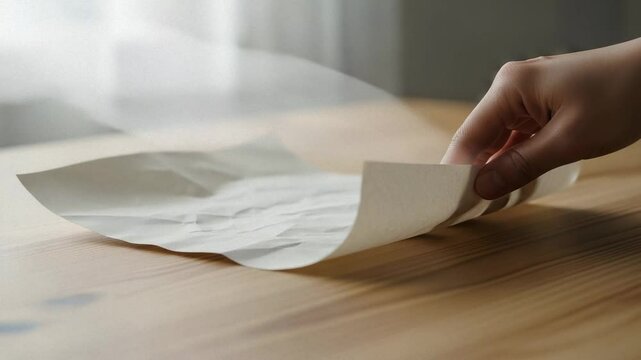 Delicate Hand Holding a Soft, Creased Piece of Paper on a Light Wooden Surface Anchored by Subtle Light and Shadow
