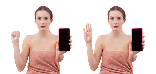Woman showing the hand signal for help and holding smartphone toward the camera. Concept of...