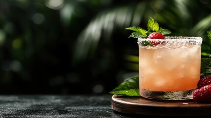 A beautifully presented cocktail with a refreshing appearance, garnished with mint and raspberries, showcasing the artistry of mixology and inviting a sense of indulgence and relaxation.