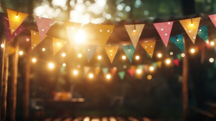A picturesque outdoor setting adorned with colorful bunting and warm string lights, creating an inviting atmosphere perfect for celebrations, gatherings, and memorable moments in nature.