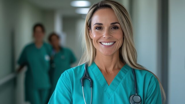 A warm and approachable nurse shines with a genuine smile in a hospital, embodying care and compassion while reflecting her dedication to healthcare and the importance of support.