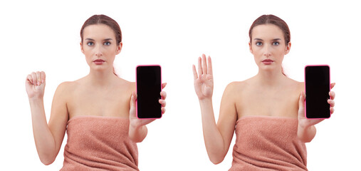 Woman showing the hand signal for help and holding smartphone toward the camera. Concept of domestic violence, danger, silent emergency communication and asking for help. Isolated on white background