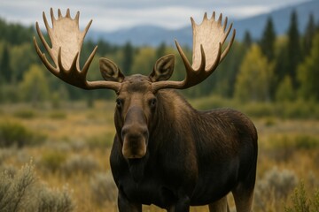 Majestic Moose with Large Antlers in a Serene Natural Landscape Surrounded by Trees and Mountains