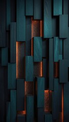Modern 3D Abstract Wooden Wall Design with Dark Panels and Orange Backlighting