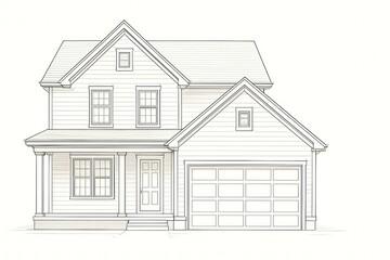 Detailed Architectural Sketch of a Modern Two-Story House with Front Porch and Garage