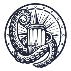 Octopus tentacles wrapped around beer glass, compass star centered above, circular porthole frame enclosing composition, monochrome vector layout for nautical themed brewery branding