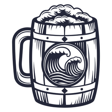 Weathered wooden beer tankard cresting with ocean waves, blending maritime spirit and foamy brew in vintage inspired graphic design element