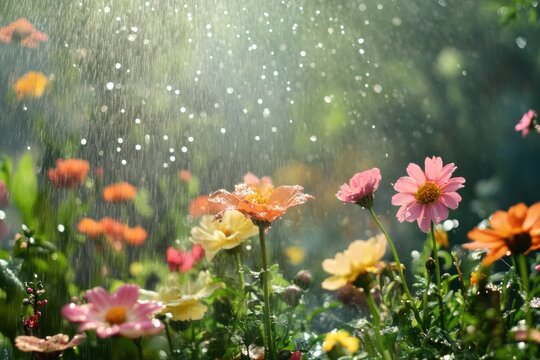Lush garden flowers being refreshed by sprinkler on a summer day