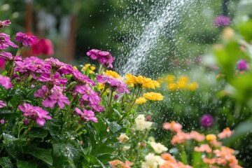 Obraz premium Lush garden flowers being refreshed by sprinkler on a summer day