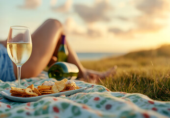 A tranquil picnic setup with wine and snacks at sunset, capturing a serene outdoor moment