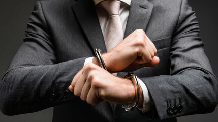 Businessman in handcuffs showcases conflict and confidence in a corporate setting with a rustic backdrop