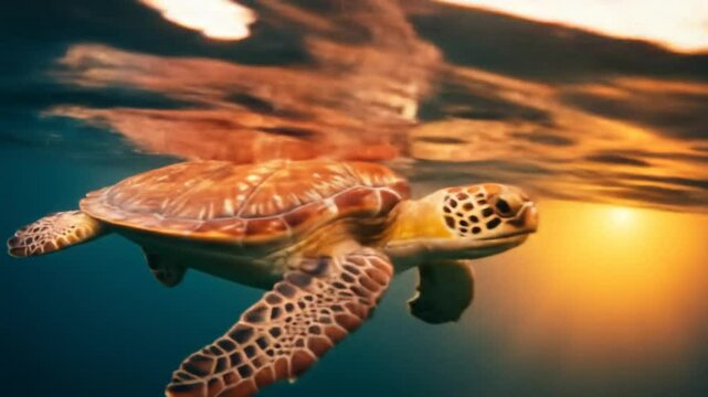 Sea Turtle's Serene Swim: A mesmerizing underwater view of a sea turtle gracefully gliding through tranquil turquoise waters. The warm hues of the sunlight filter down.