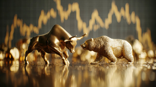 Modern trading platform advertisement featuring golden bull and bear against stock market decline backdrop