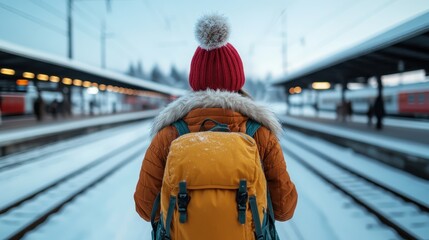 A lone traveler stands on a snow-covered train station platform, embodying the spirit of adventure and exploration in the quiet beauty of a winter landscape.