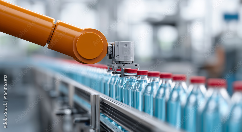 Poster A robotic arm is actively engaged in transporting bottles at a highly automated facility.